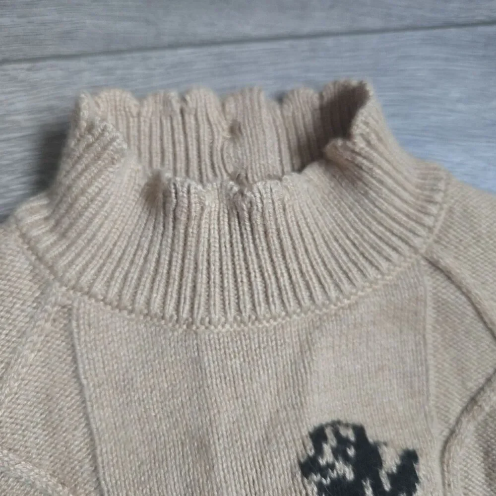Janie and Jack Sweater 6-12M Tan Beige Cable Knit Floral Rose Mock Neck Puff Slv